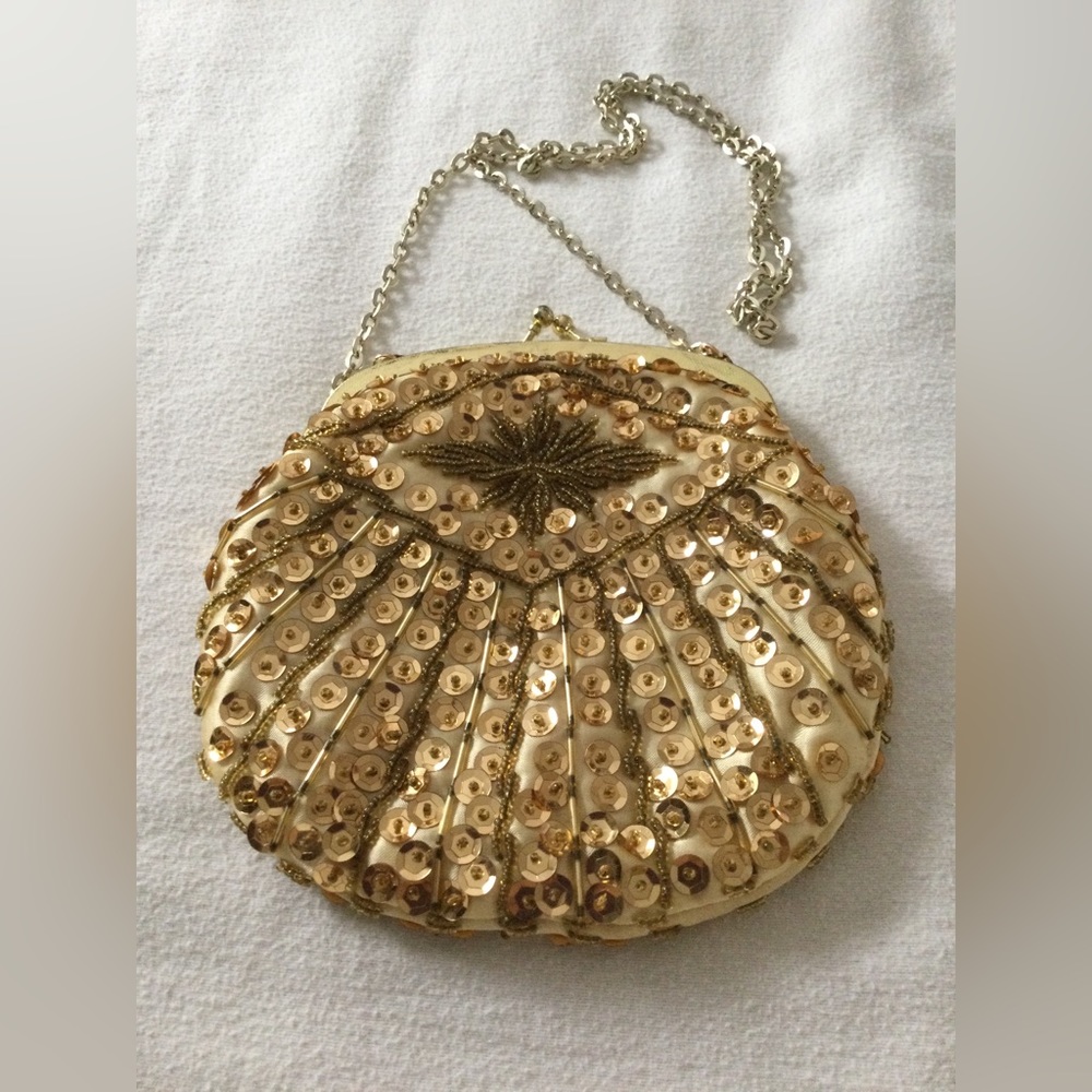 Vintage Gold Satin Beaded & Sequined Art Deco Evening Bag - Probably Le Regale